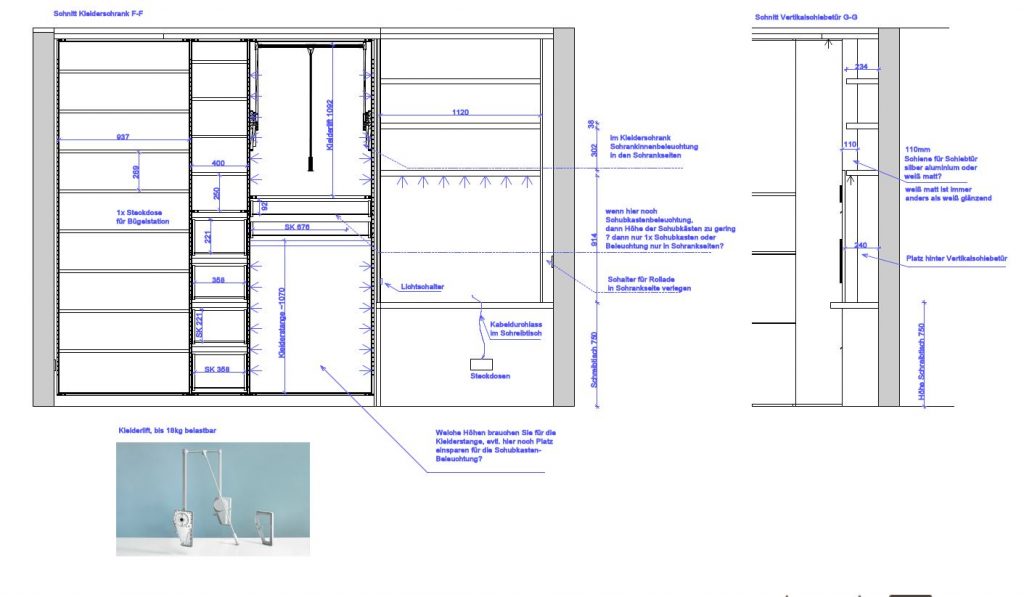 Inneneinteilung Kleiderschrank mit Kleider-Lift