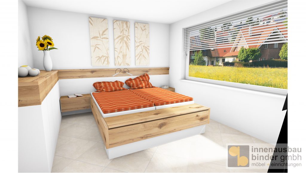 Entwurf Schlafzimmer nach Maß, Balkeneich und Schleiflack