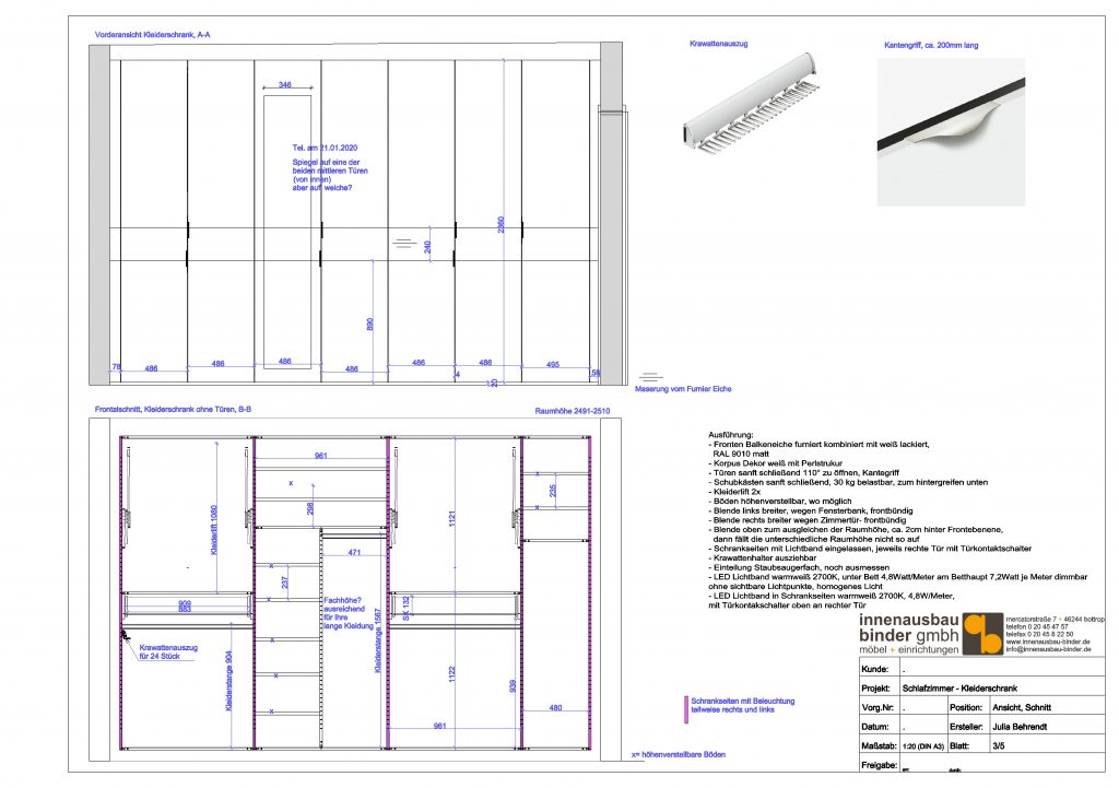 Detailzeichnung Kleiderschrank nach Maß