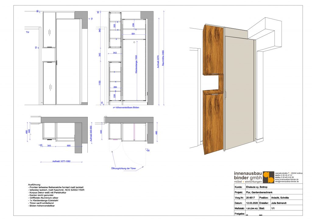 Fertigungszeichnung Einbauschrank Flur